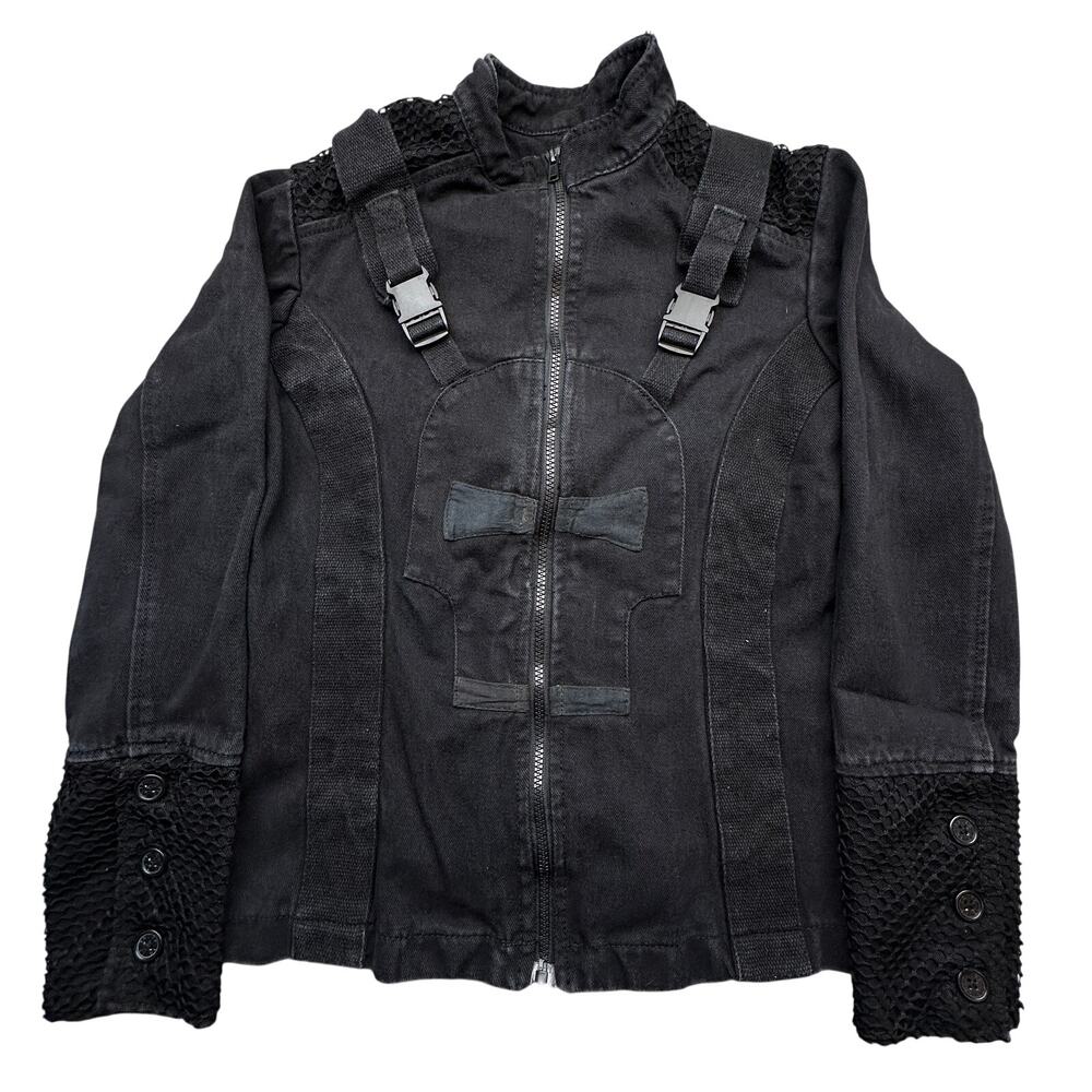 Vintage Tripp NYC Buckle Mesh Netting Jacket Men XS Black Gothic Cyber Punk Rock